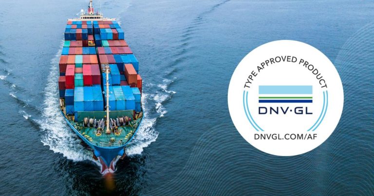 A cargo ship sailing in the sea, DNV_GL label attached