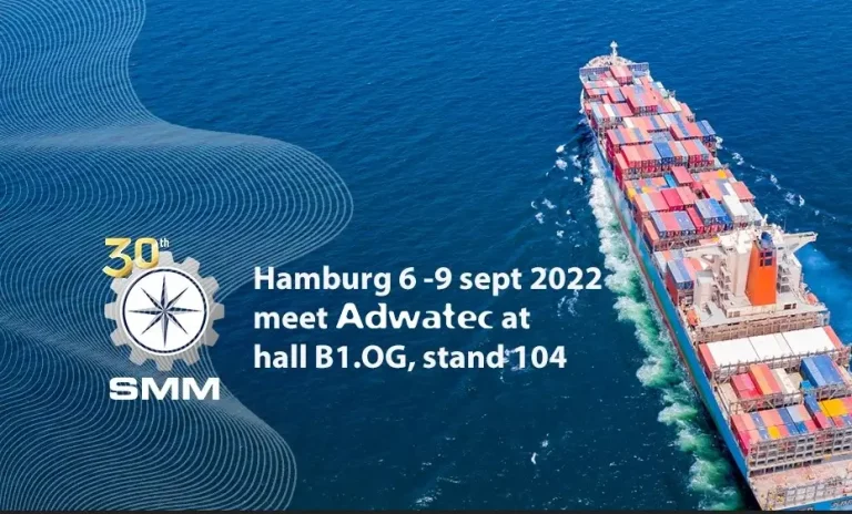 Banner with a cargo ship sailing in the sea welcoming people to Adwatec stand in SMM Expo Hamburg