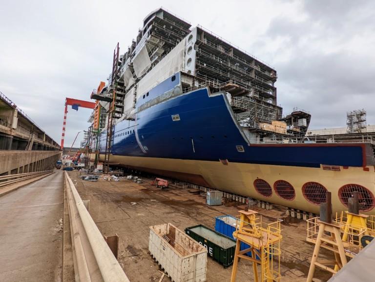 A ship under constrution in Chantiers de l'Atlantique shipyard