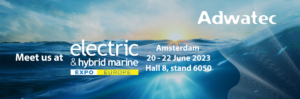 Banner welcoming pople to Adwatec stand in Electric and Hybrid exhibition in 2023