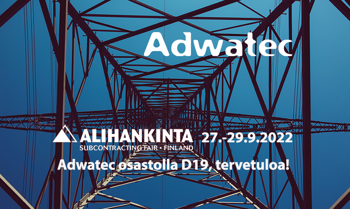 Banner with an electicity mast welcoming people to Adwatec stand in Alihaninta Expo