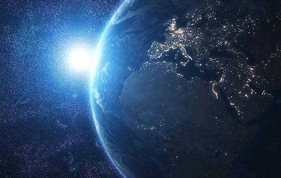World and sun realistic 3D rendering. Shiny sunlight over Planet
